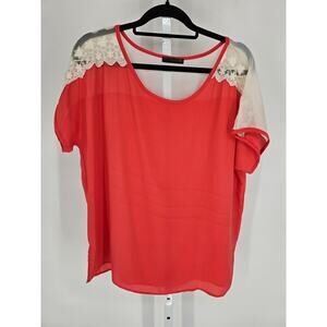 Urim Womens Sz 2X Short Sleeve Loose Fit Blouse Coral Pink White Lace Trim